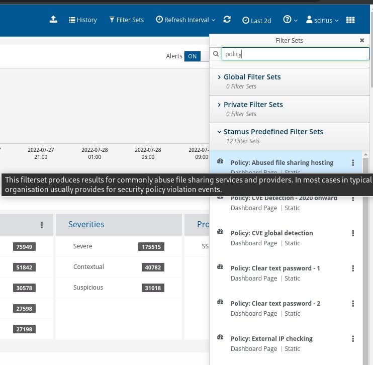 Filter-set view showcasing "Policy: Abused file sharing hosting" filter