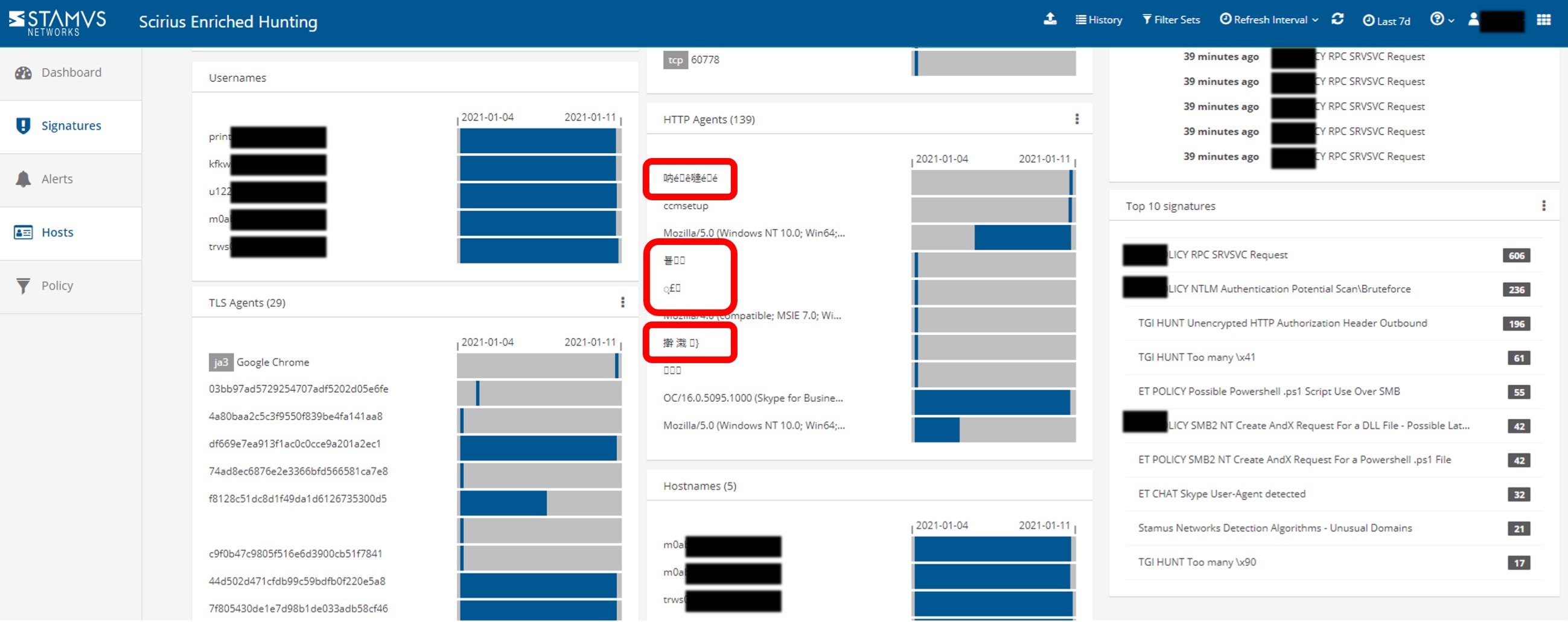 Scirius Security Platform - Host screen showing suspicious HTTP user agents