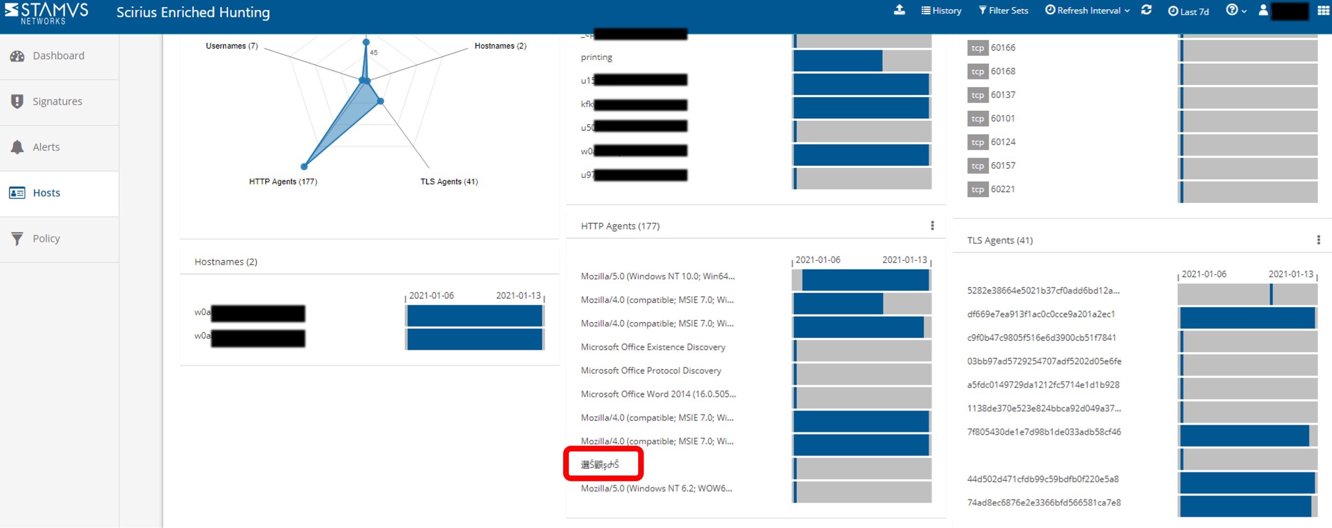 Scirius Security Platform - Host screen showing suspicious HTTP user agents