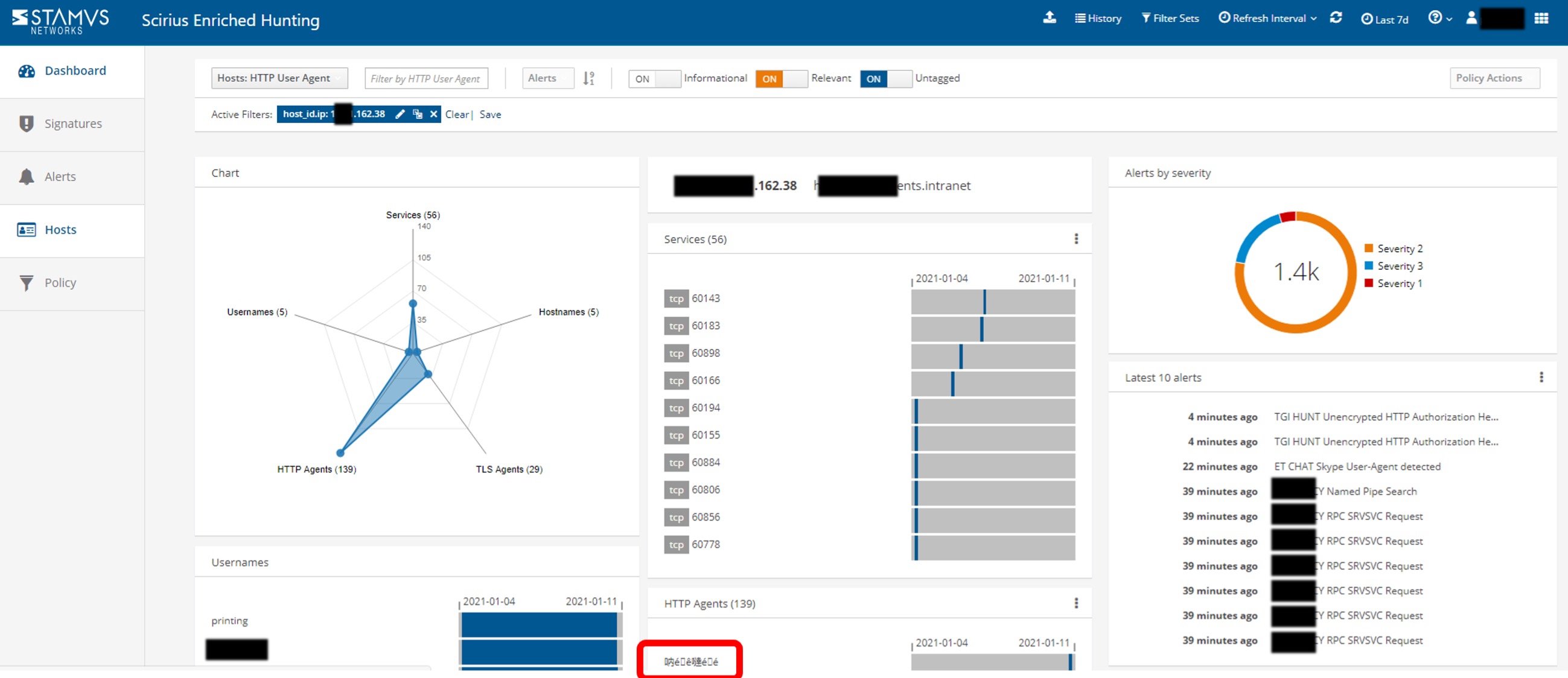 Scirius Security Platform - Filtering on Suspicious User Agents