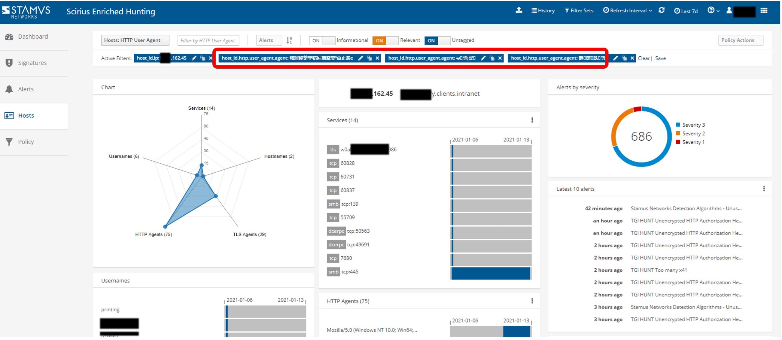 Scirius Security Platform - Filtering on Suspicious User Agents