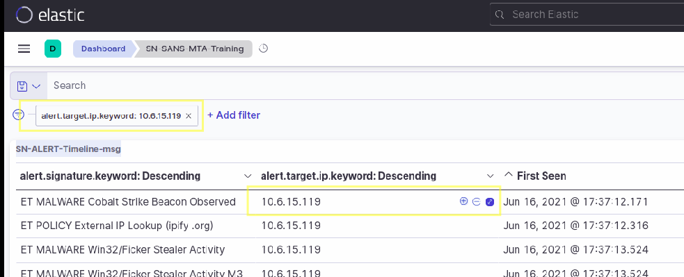 Looking at target IP addresses while solving the SANS forensic quiz in SELKS